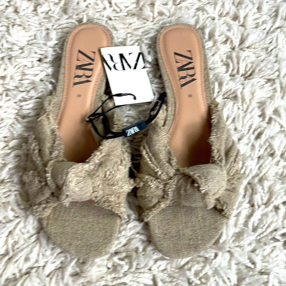 ZARA Natural Beige Knotted Linen Slide Mules